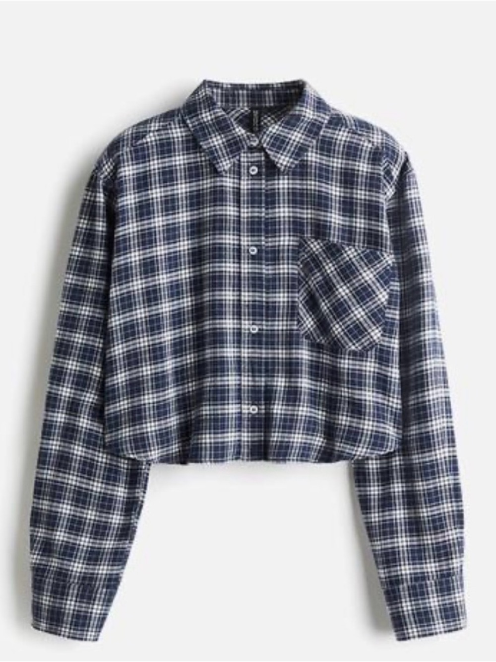 H&M Divided Navy White Plaid Cropped Flannel Shirt XXS 100% Cotton